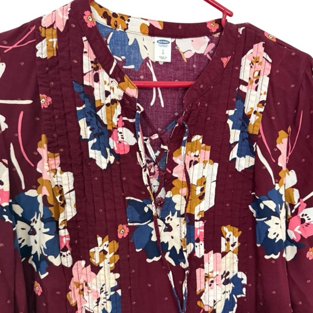 Old Navy Floral Boho Dress Large Burgundy Lace Up Long Sleeve Peasant Mini Dress - Picture 3 of 7